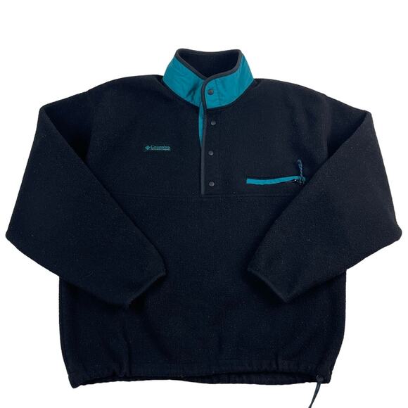 Vintage Black & Teal Blue Columbia Quarter Button Fleece Size Large Made in USA - Picture 1 of 8